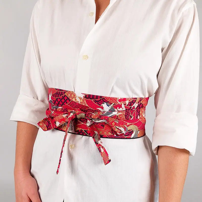 Cintura Obi rossa con disegno di carpa Koi