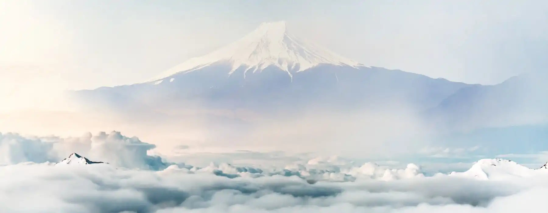 Una cima di montagna coperta di neve che emerge da un mare di nuvole.