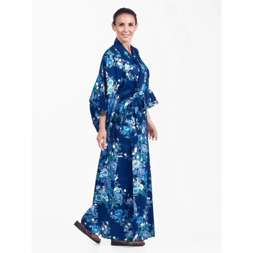 Kimono giapponese da donna Hana blu - Taglia unica