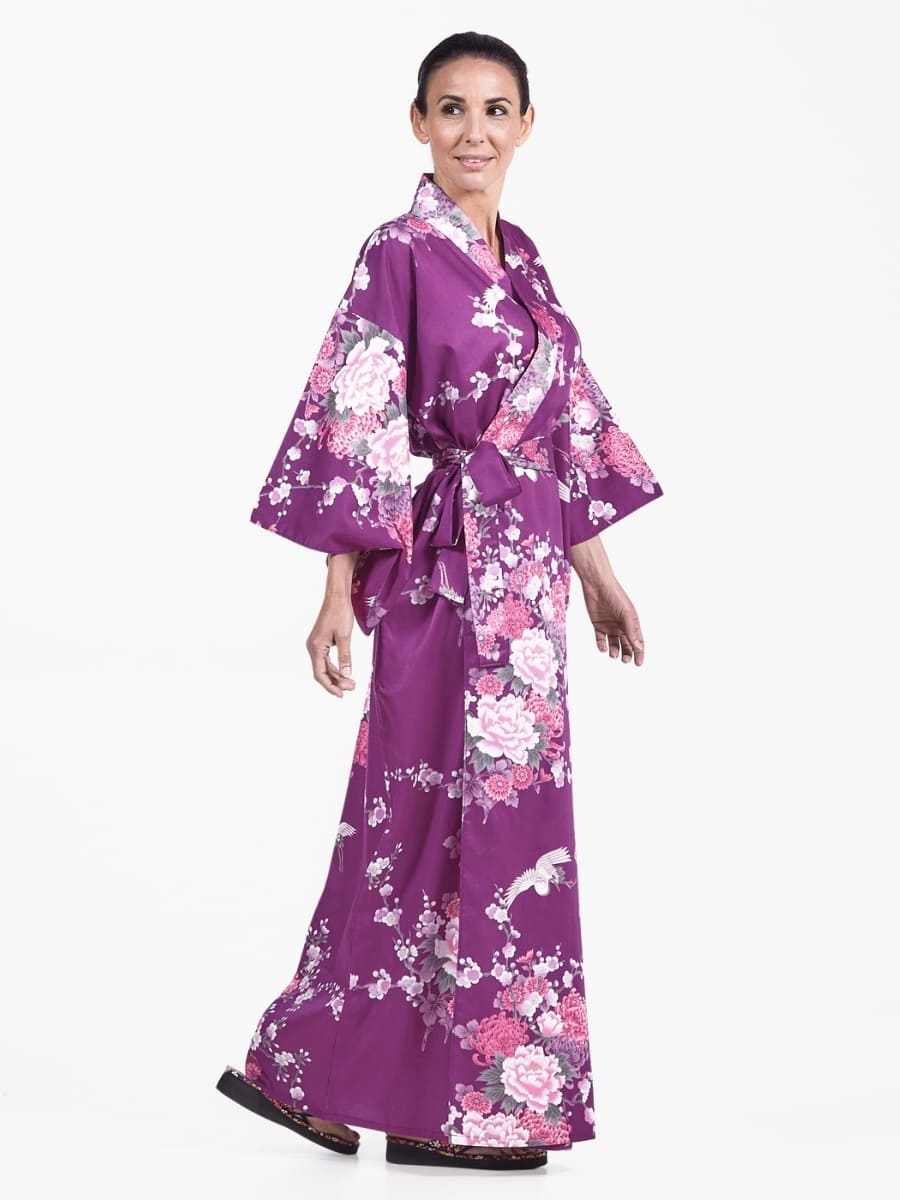 Kimono giapponese da donna Peonia e gru viola - Taglia unica