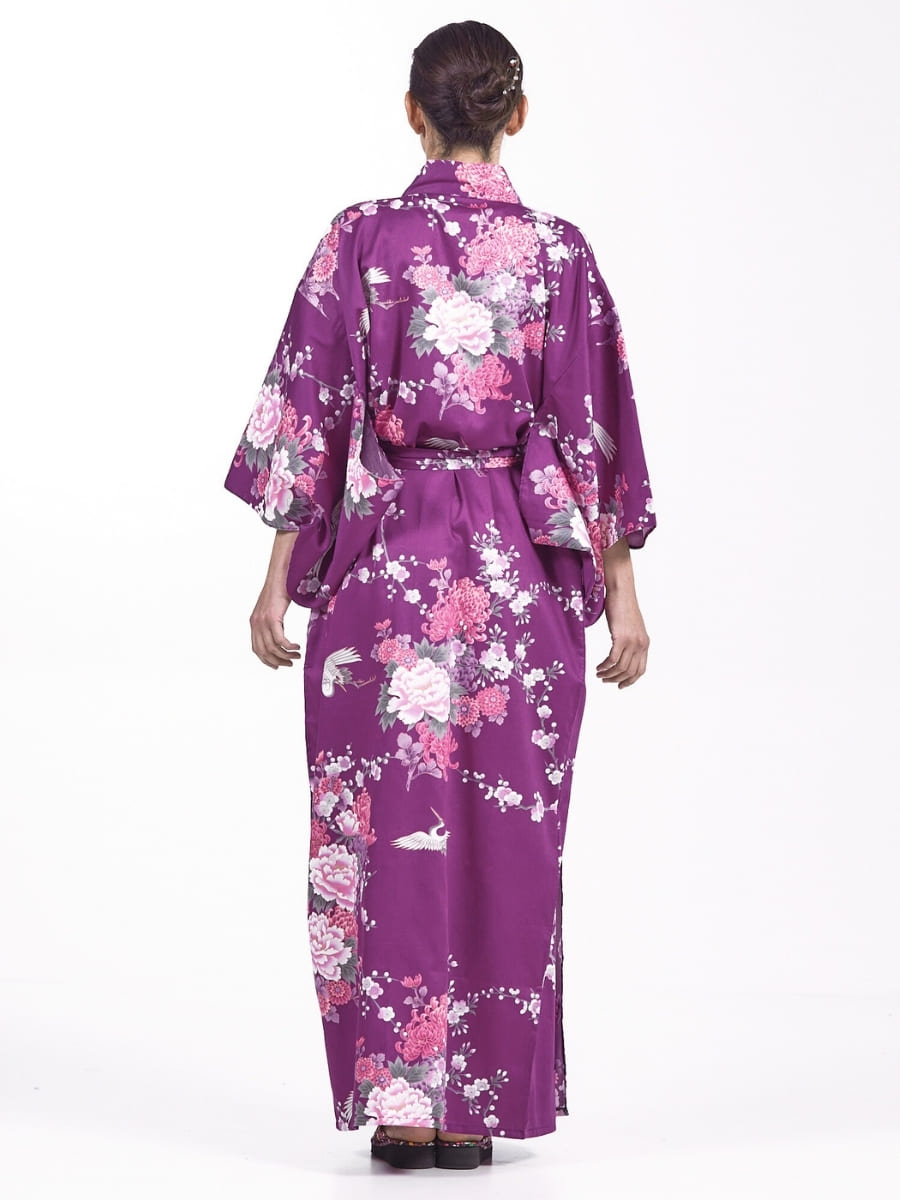 Kimono giapponese da donna Peonia e gru viola - Taglia unica