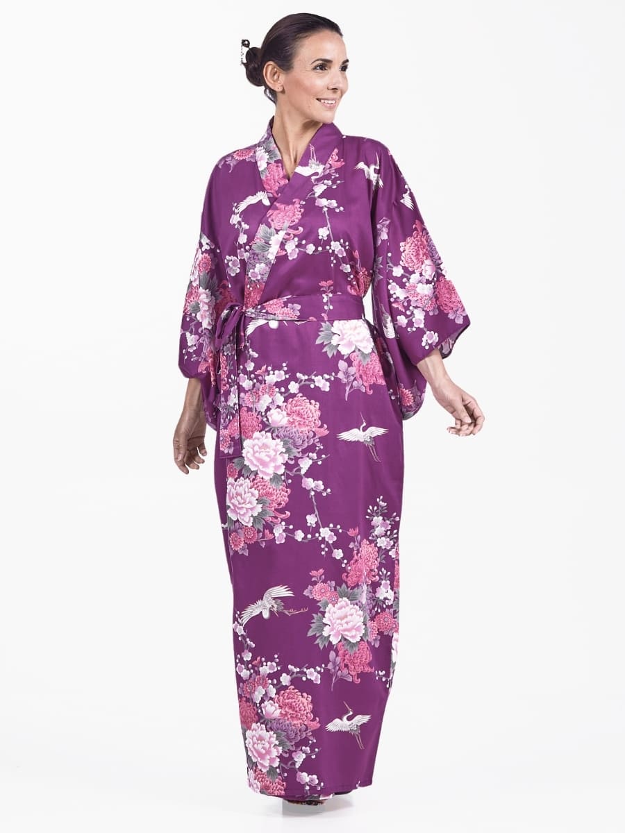 Kimono giapponese da donna Peonia e gru viola - Taglia unica