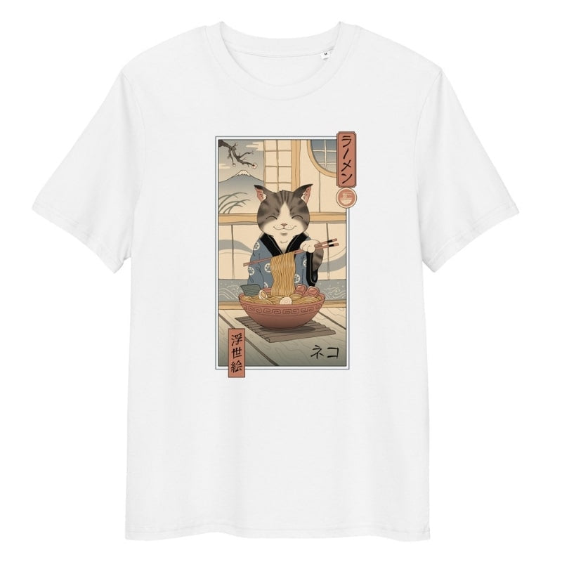 Maglietta giapponese Ukiyo-e Neko Ramen - S / Bianco