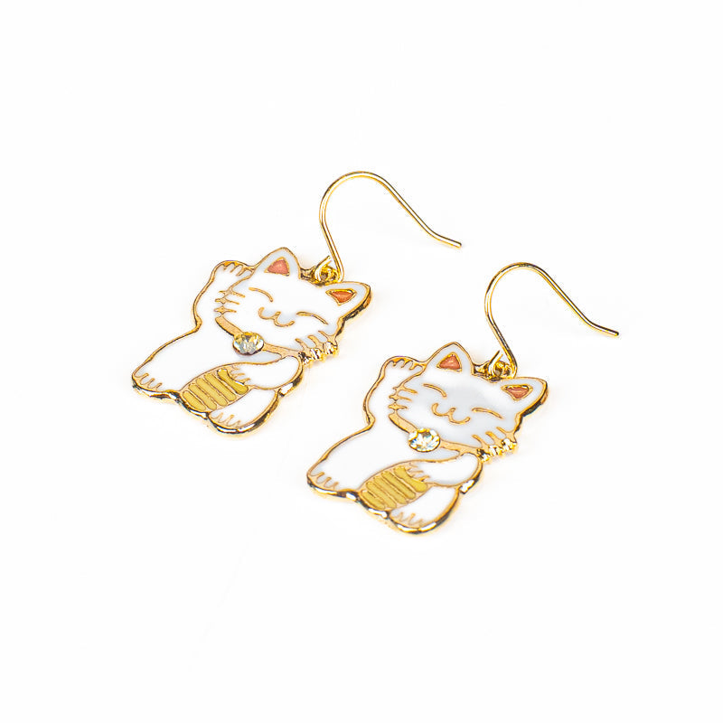 Orecchini giapponesi Maneki-Neko bianchi e dorati