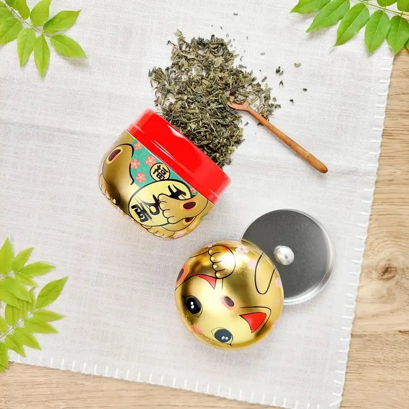 Scatola da tè in metallo dorato Maneki Neko