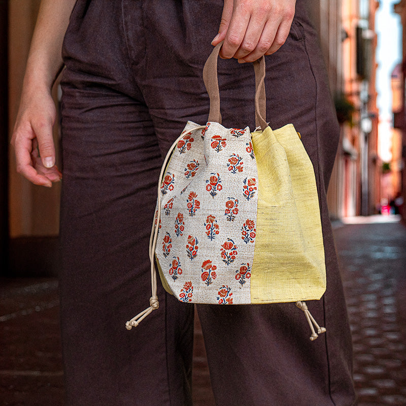 Borsa Kinchaku Giapponese in Lino Tessuto a Mano Sarasa