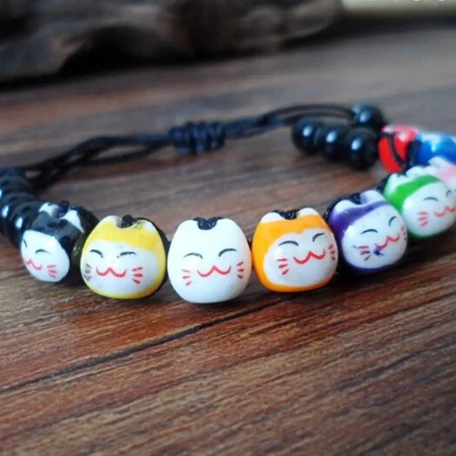 Bracciale con gatto giapponese fortunato - Nero