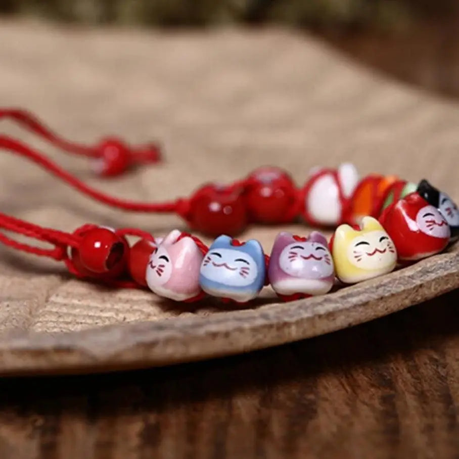 Bracciale con gatto giapponese fortunato - Rosso