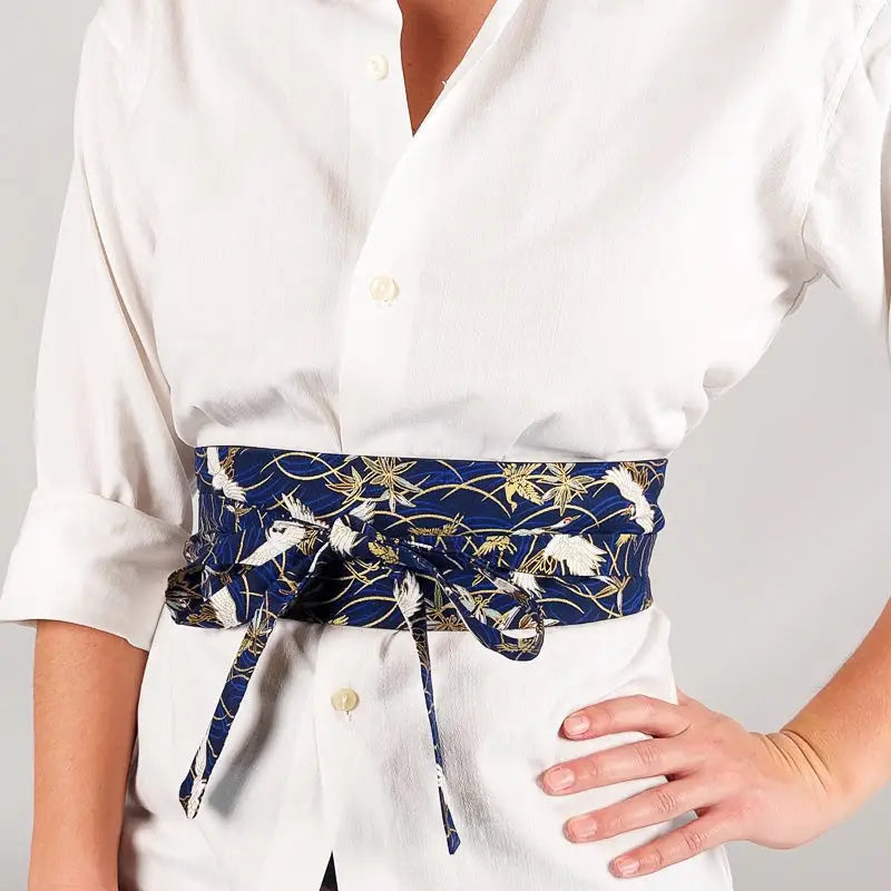 Cintura Obi blu navy con disegno Tsuru