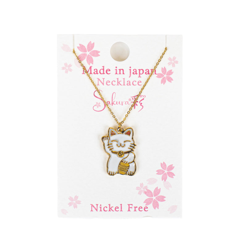 Collana giapponese con ciondolo Maneki-Neko bianco e dorato