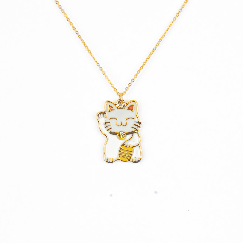 Collana giapponese con ciondolo Maneki-Neko bianco e dorato