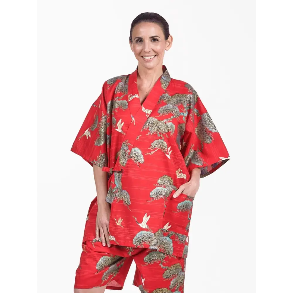 Donna Jinbei giapponese Red Crane & Pine