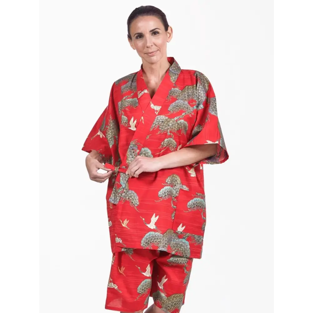 Donna Jinbei giapponese Red Crane & Pine