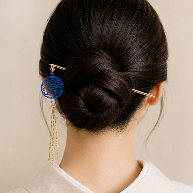 Kanzashi Giapponese - Motivo Seigaiha Blu