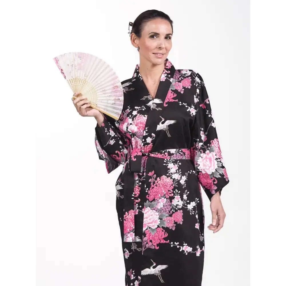 Happi Donna Kimono nero con gru e fiori - Taglia unica