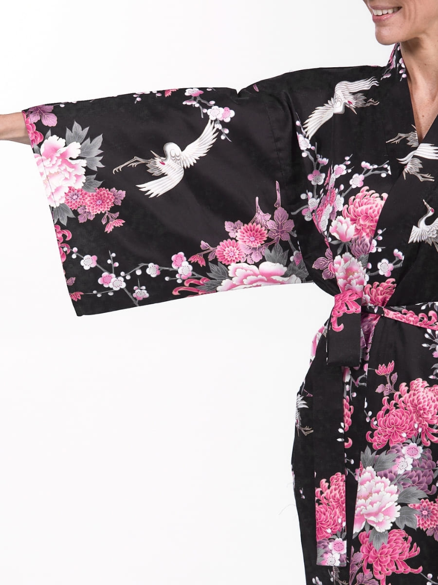 Kimono donna Happi nero con gru e fiori - Taglia unica