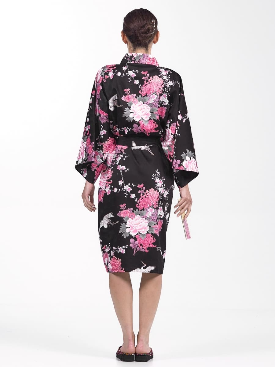 Kimono donna Happi nero con gru e fiori - Taglia unica