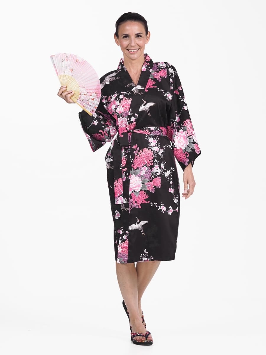 Kimono donna Happi nero con gru e fiori - Taglia unica