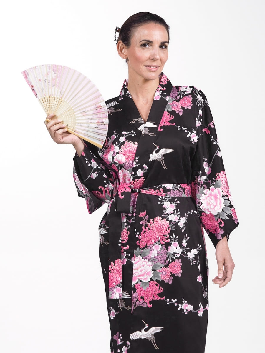Kimono donna Happi nero con gru e fiori - Taglia unica