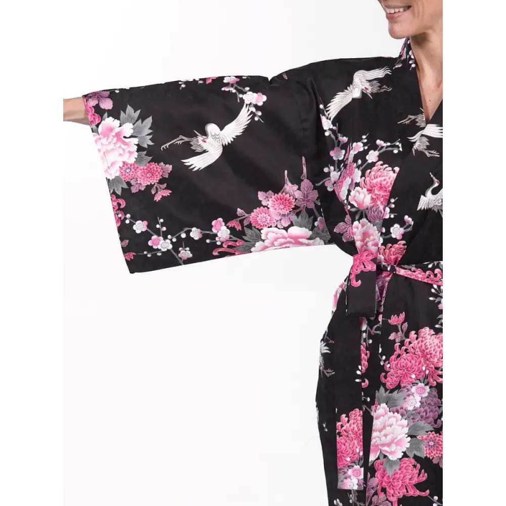 Happi Donna Kimono nero con gru e fiori - Taglia unica