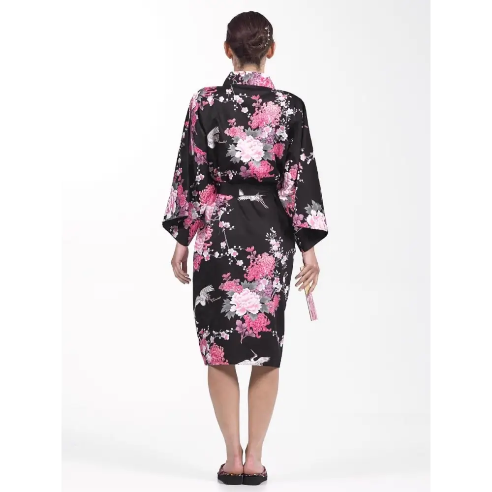 Happi Donna Kimono nero con gru e fiori - Taglia unica