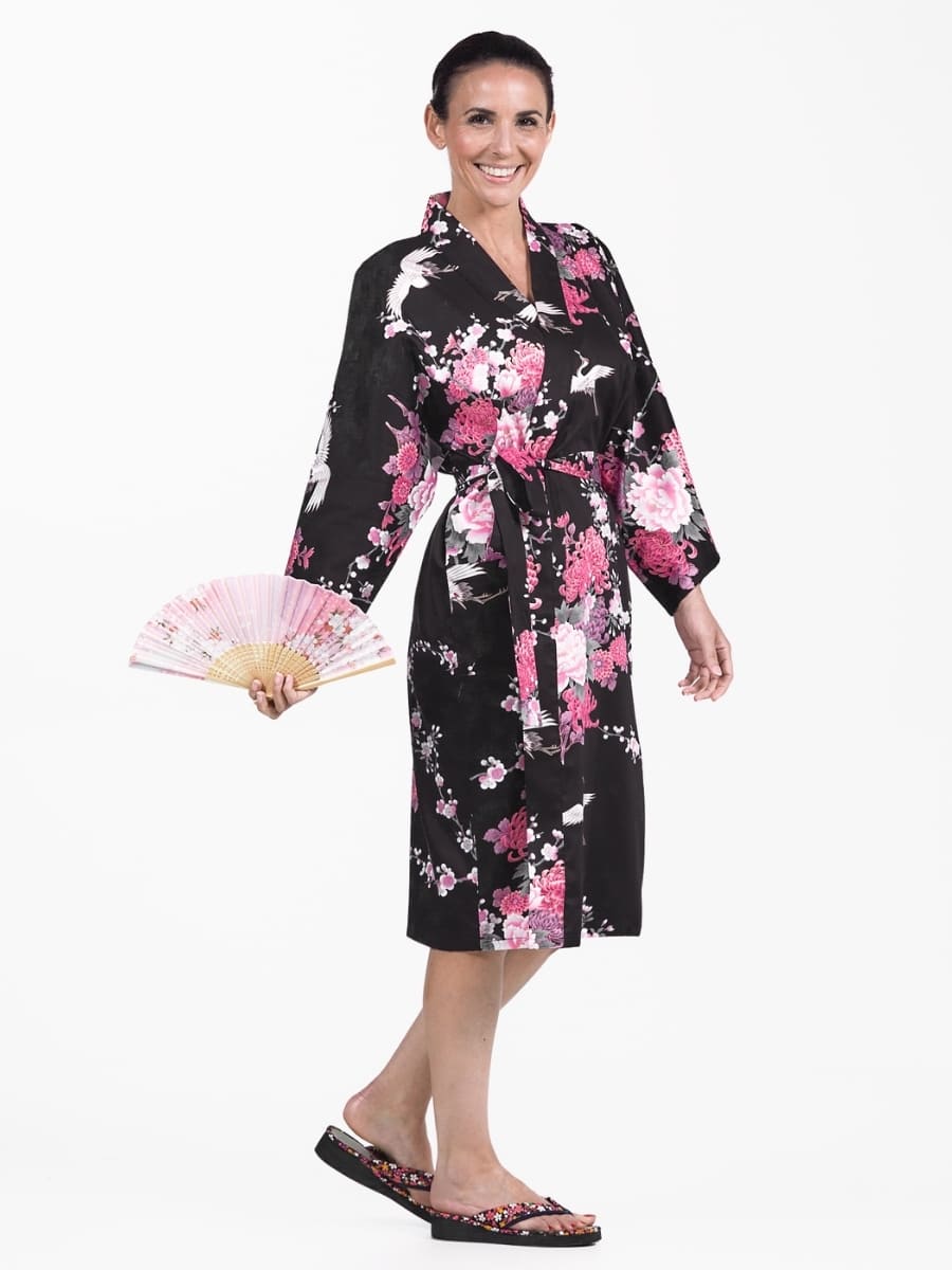 Kimono donna Happi nero con gru e fiori - Taglia unica