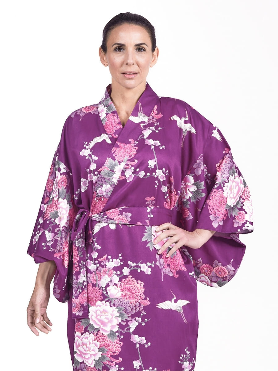 Kimono giapponese da donna Peonia e gru viola - Taglia unica