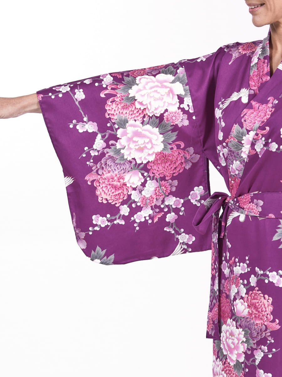 Kimono giapponese da donna Peonia e gru viola - Taglia unica