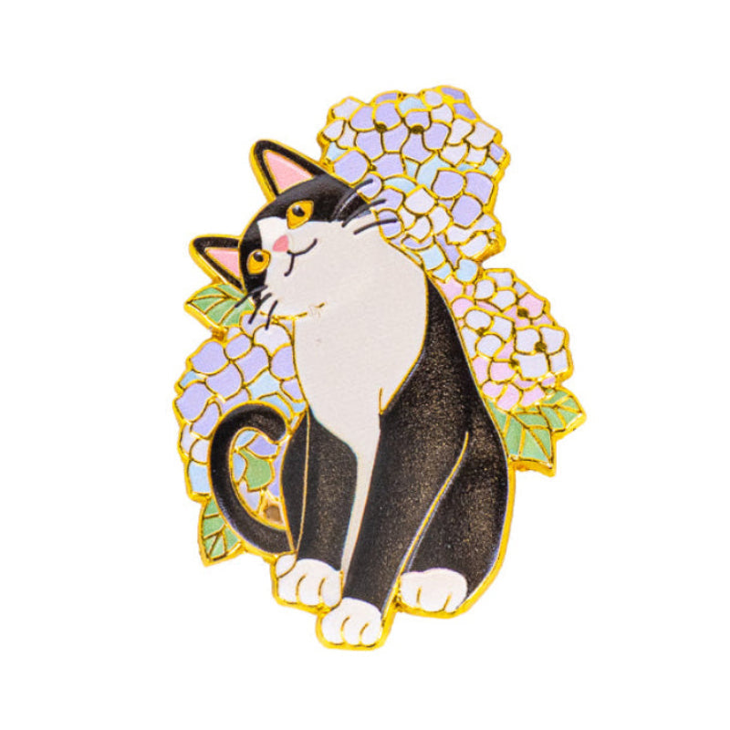Magnete giapponese in metallo con gatto e ortensie