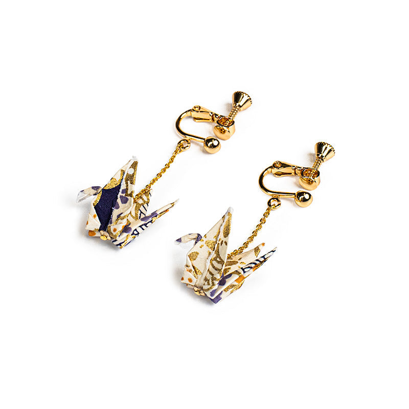 Orecchini giapponesi a catena con gru bianca Clip (Orecchie Non Forate)