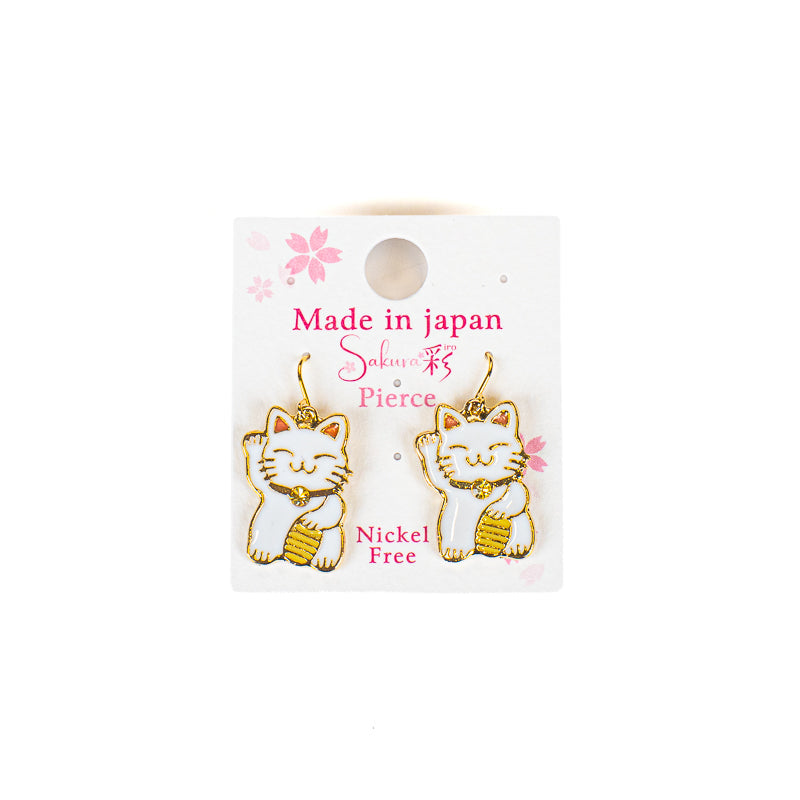 Orecchini giapponesi Maneki-Neko bianchi e dorati