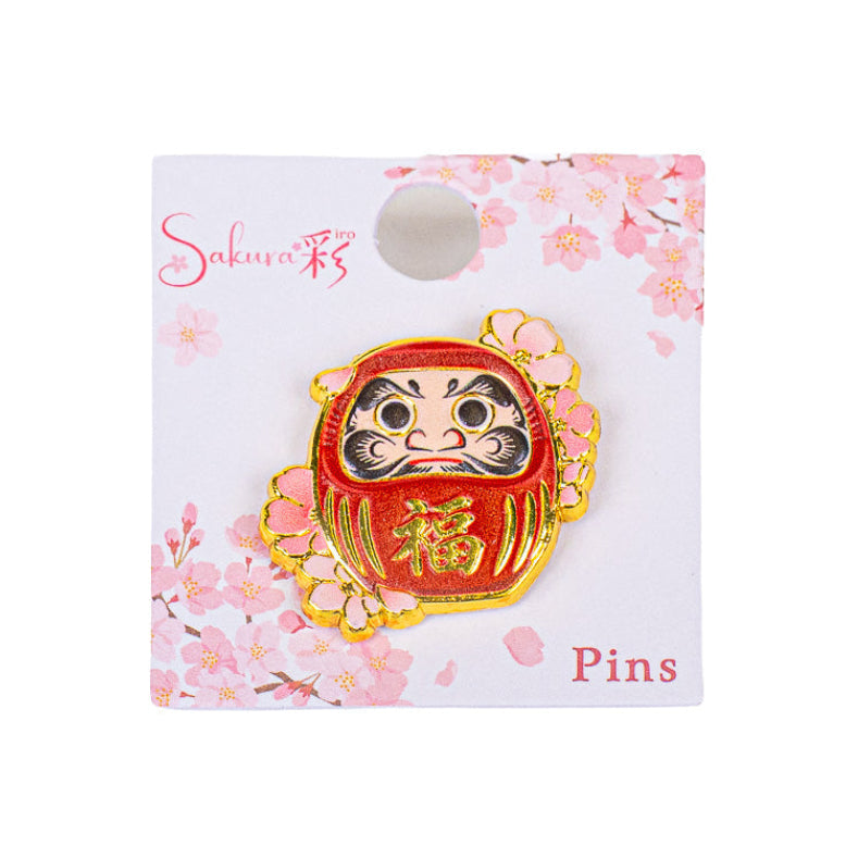 Spilla giapponese in metallo con Daruma e Sakura
